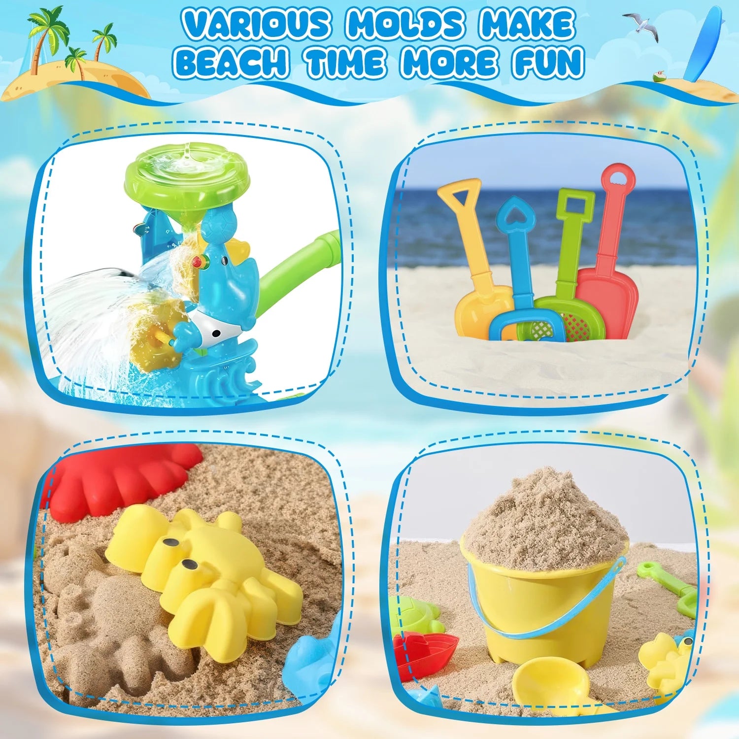 Beach Toys, Sand Toys for Toddlers 3 4 5 6+, Beach Toy Trolley Car with Bucket, Animal Molds,Dumper Truck Summer Outdoor Water Toys for Kids, Birthday Gift for Boys Girls