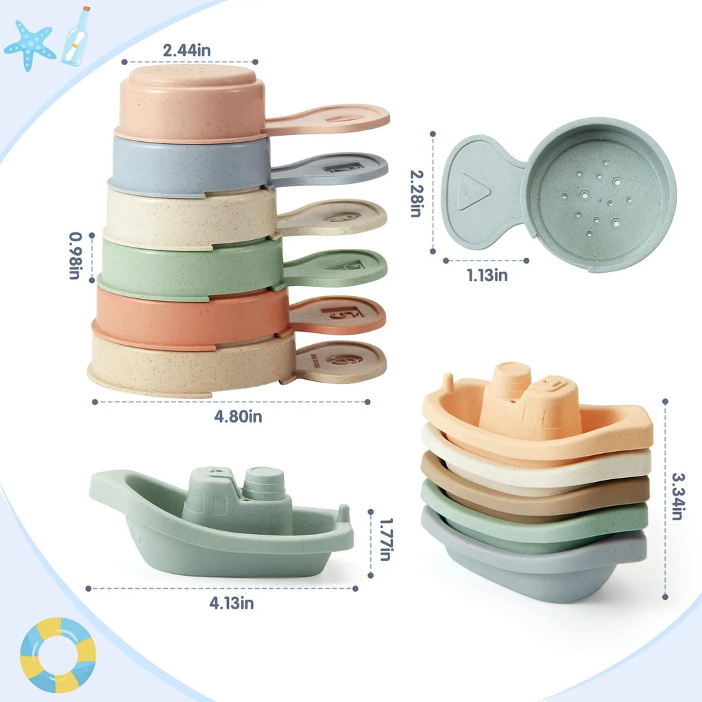 Bath Toys Floating Boats with Bathing Spoon Durable Educational Plastic Stacking Boat for Baby Water Table Toys Birthday Gift