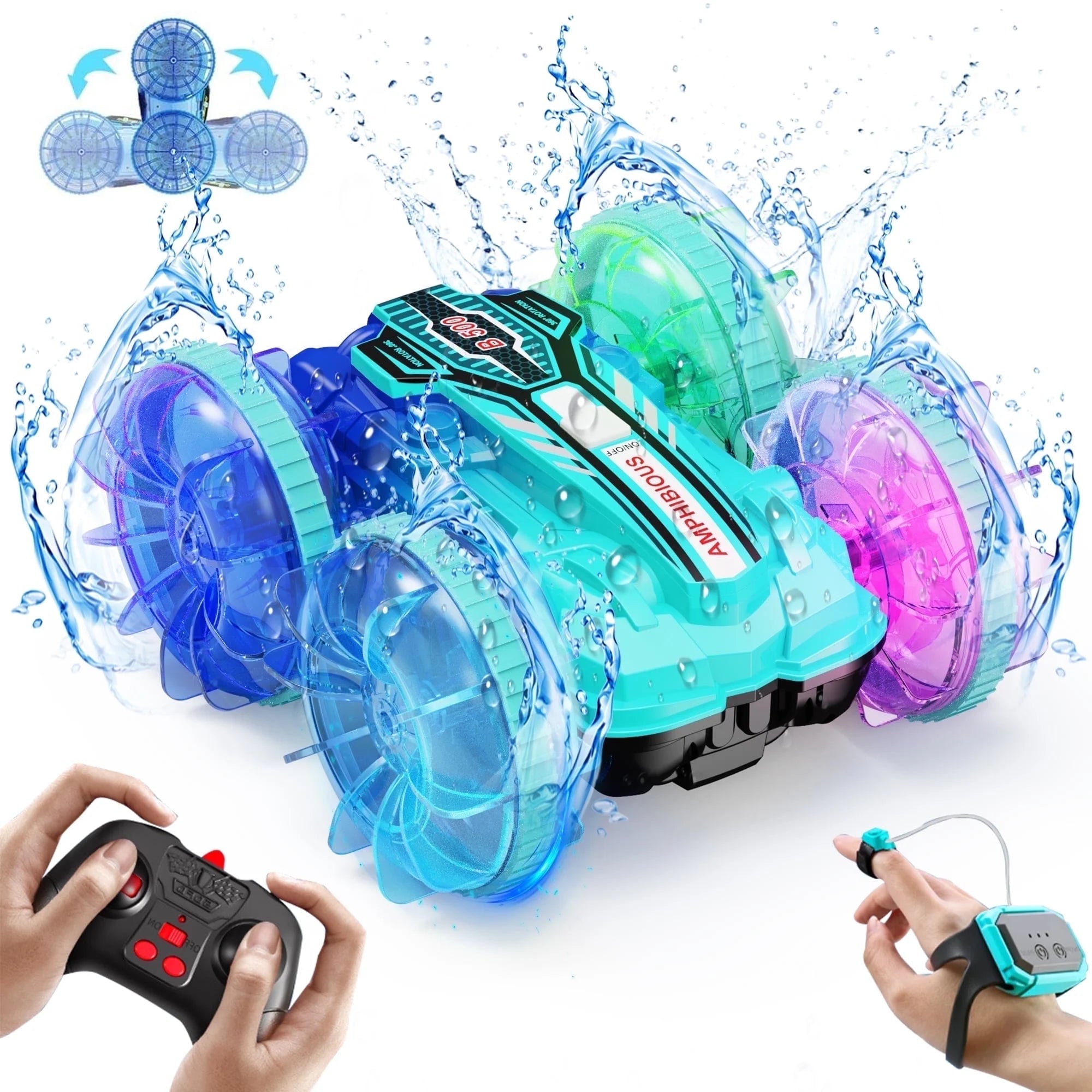 Remote Control Cars, RC Car Toys for Kids 8+ Years Old Boys Girls Gifts, 4WD Gesture 360° Rotating Drift Amphibious RC Stunt Cars Boat with LED Lights - Blue