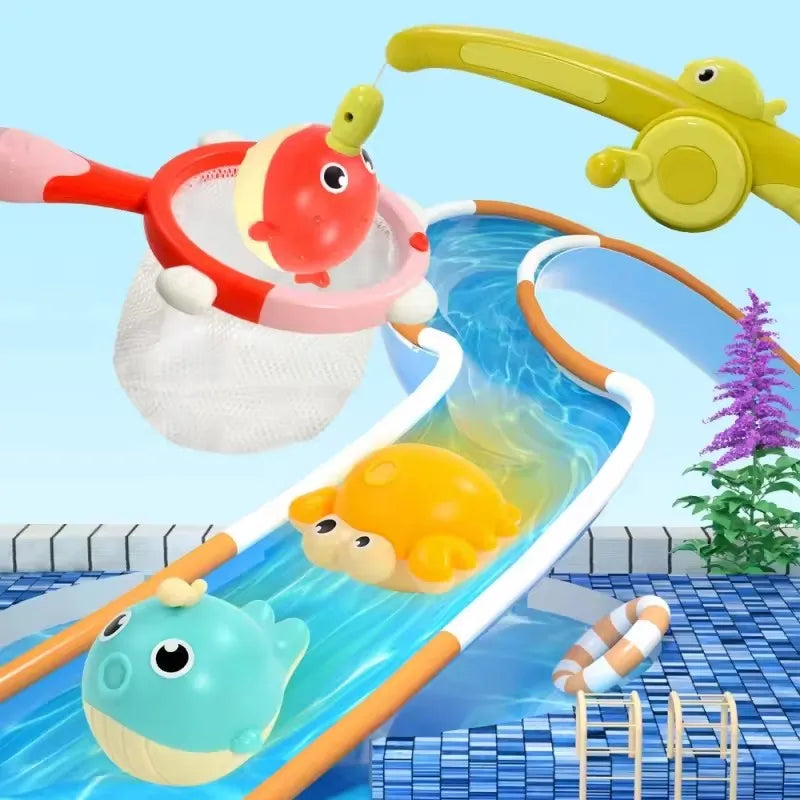 Children Taking a Shower Playing in the Water Bathroom Toys Glowing Animals Fishing Rods Magnetic Suction Catching Toys