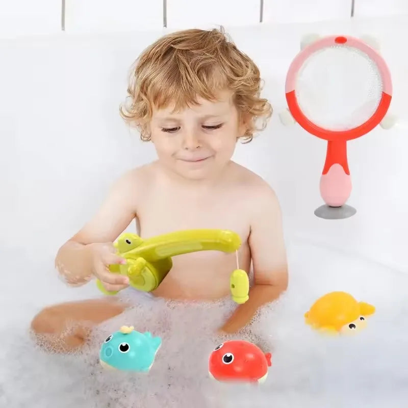 Children Taking a Shower Playing in the Water Bathroom Toys Glowing Animals Fishing Rods Magnetic Suction Catching Toys