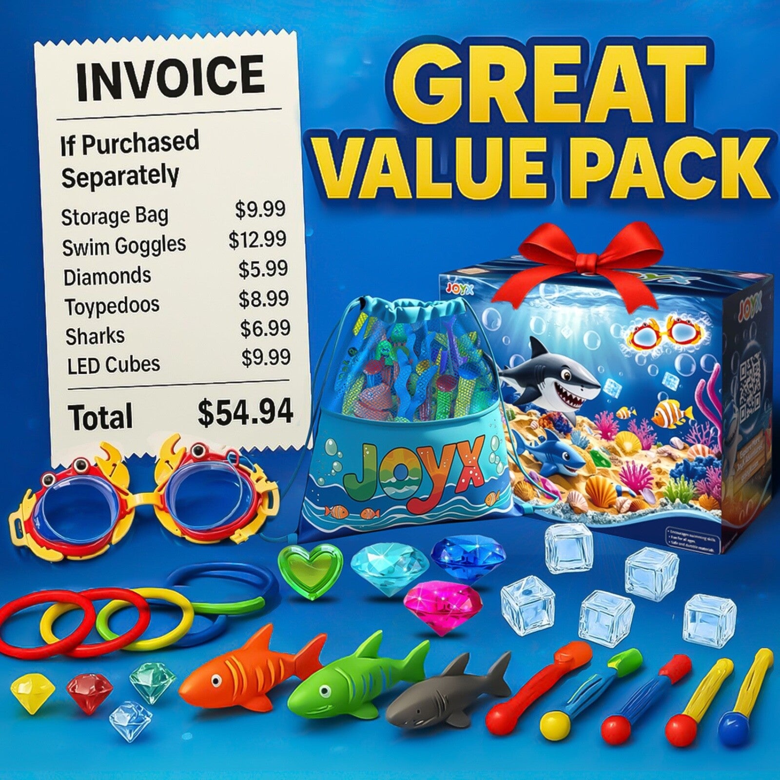 35 Pcs Pool Toys Set with LED Pool Light Cubes & Water Toys Swim Learning