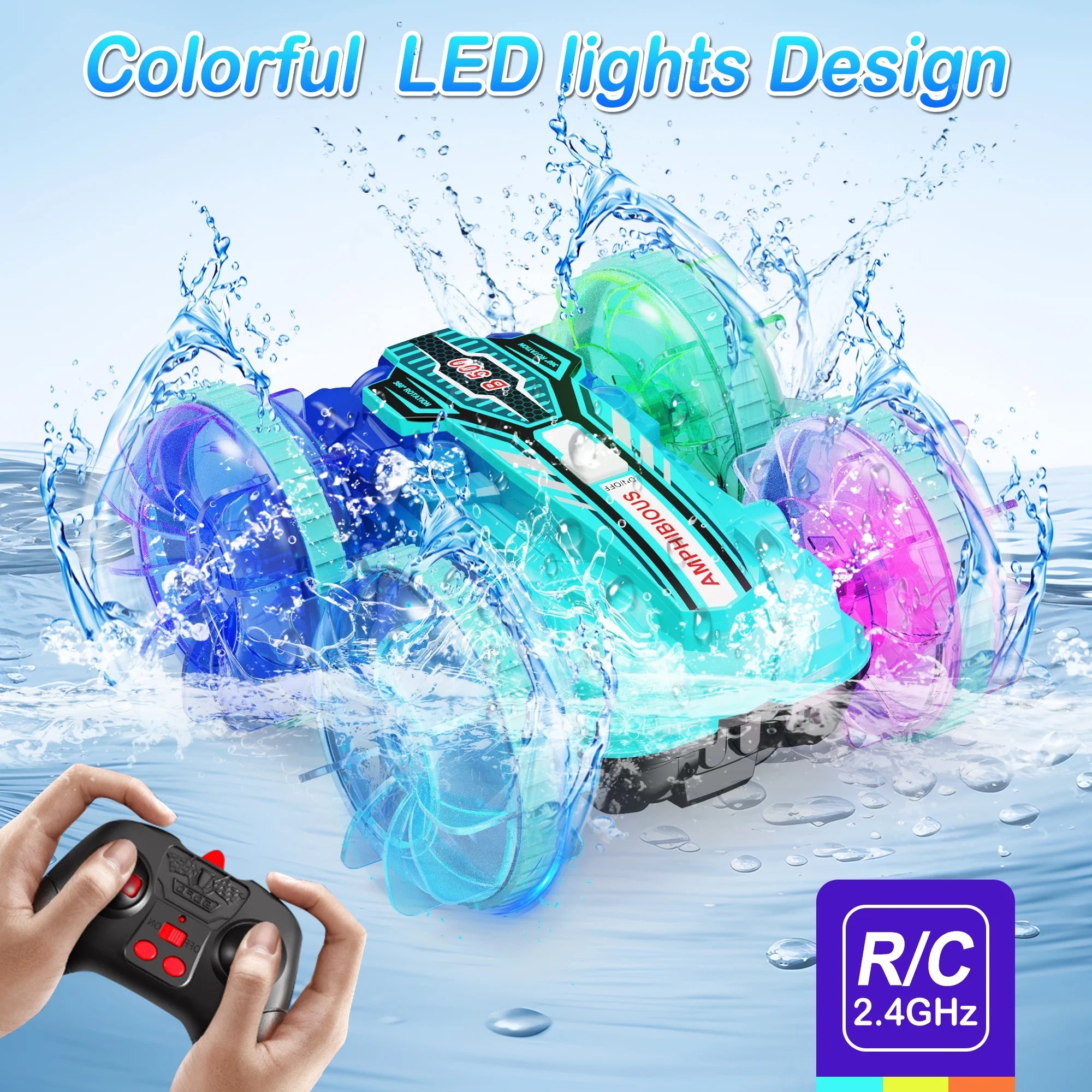 Remote Control Cars, RC Car Toys for Kids 8+ Years Old Boys Girls Gifts, 4WD Gesture 360° Rotating Drift Amphibious RC Stunt Cars Boat with LED Lights - Blue