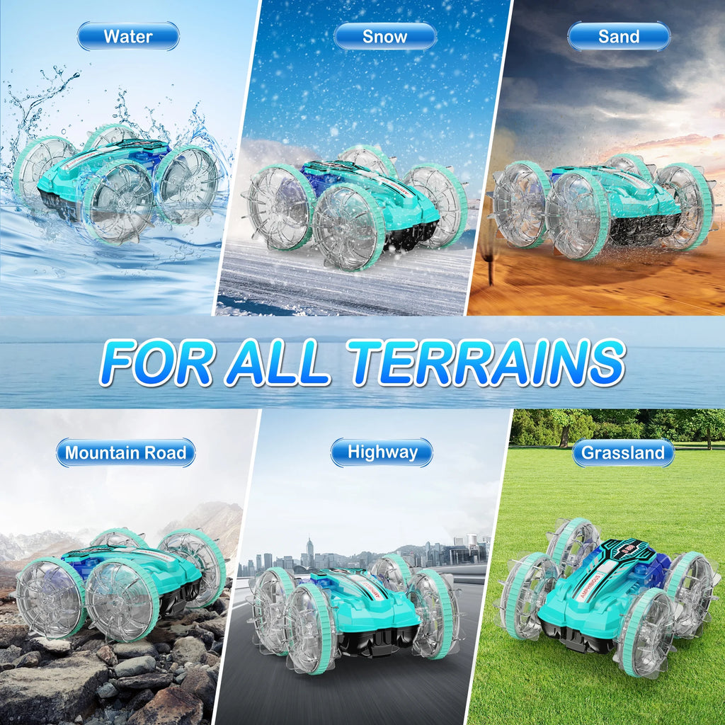 Remote Control Cars, RC Car Toys for Kids 8+ Years Old Boys Girls Gifts, 4WD Gesture 360° Rotating Drift Amphibious RC Stunt Cars Boat with LED Lights - Blue