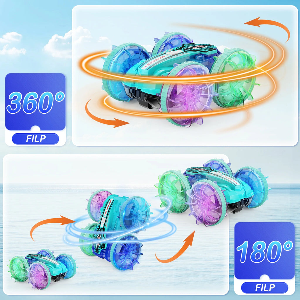 Remote Control Cars, RC Car Toys for Kids 8+ Years Old Boys Girls Gifts, 4WD Gesture 360° Rotating Drift Amphibious RC Stunt Cars Boat with LED Lights - Blue