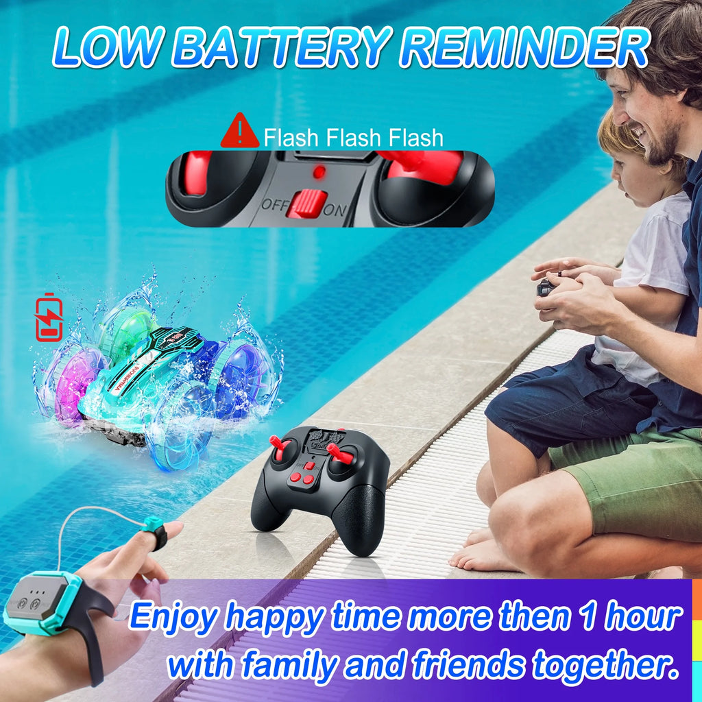 Remote Control Cars, RC Car Toys for Kids 8+ Years Old Boys Girls Gifts, 4WD Gesture 360° Rotating Drift Amphibious RC Stunt Cars Boat with LED Lights - Blue
