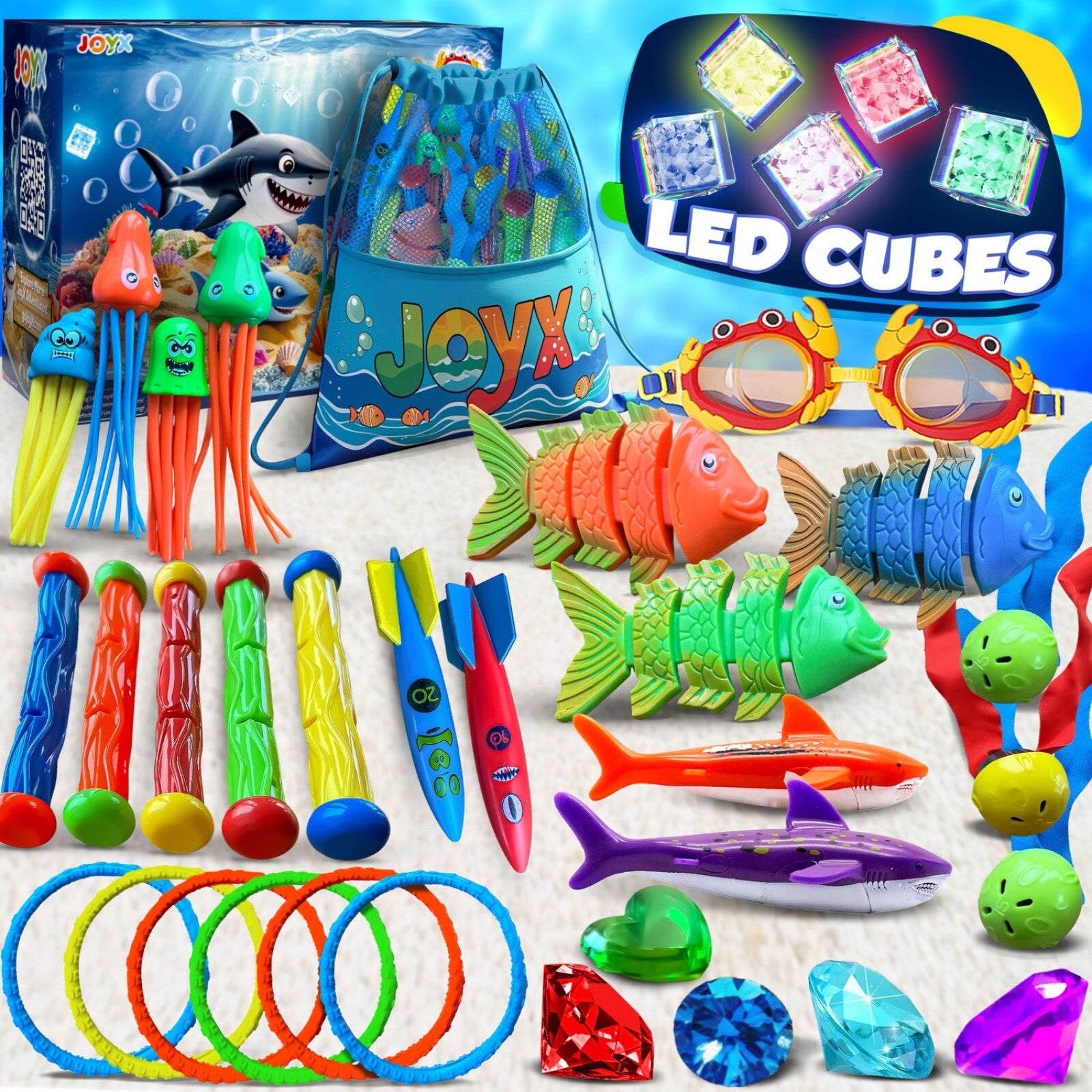 35 Pcs Pool Toys Set with LED Pool Light Cubes & Water Toys Swim Learning