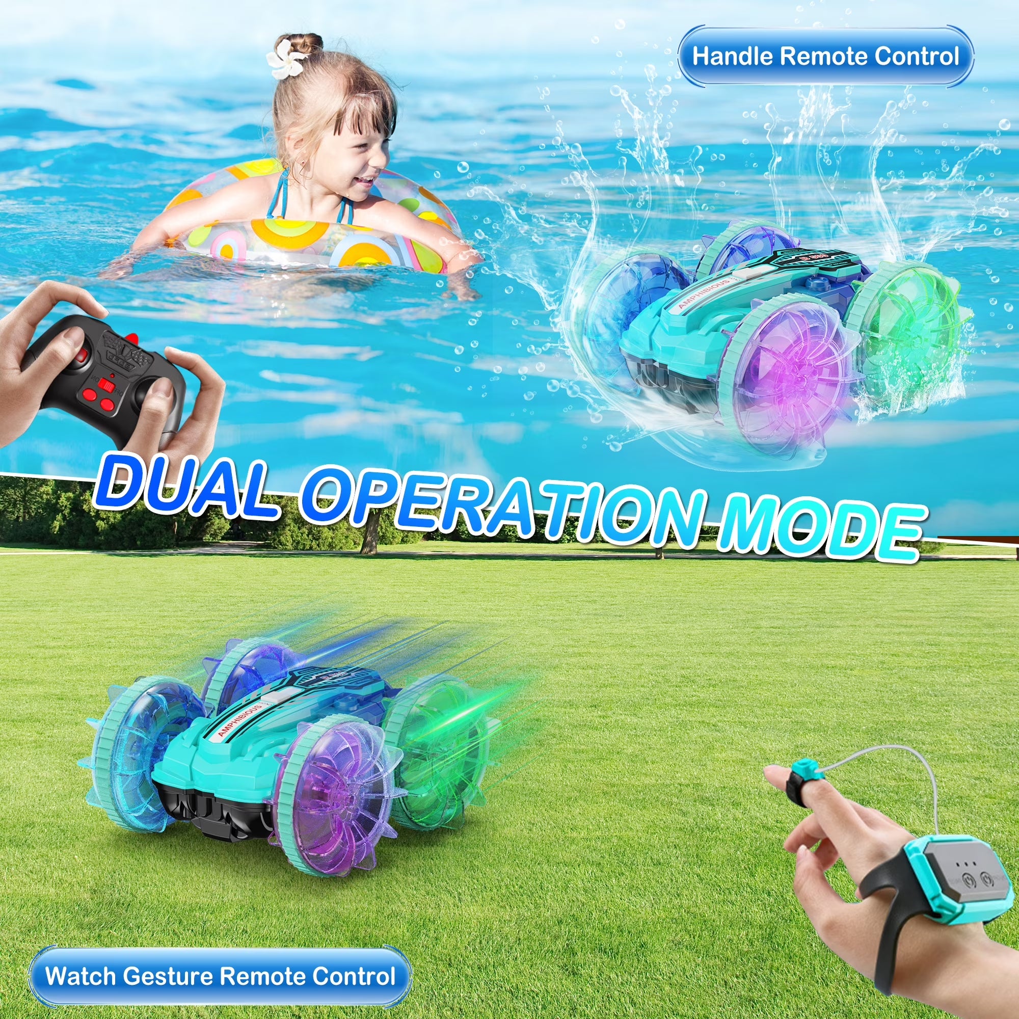 Remote Control Cars, RC Car Toys for Kids 8+ Years Old Boys Girls Gifts, 4WD Gesture 360° Rotating Drift Amphibious RC Stunt Cars Boat with LED Lights - Blue