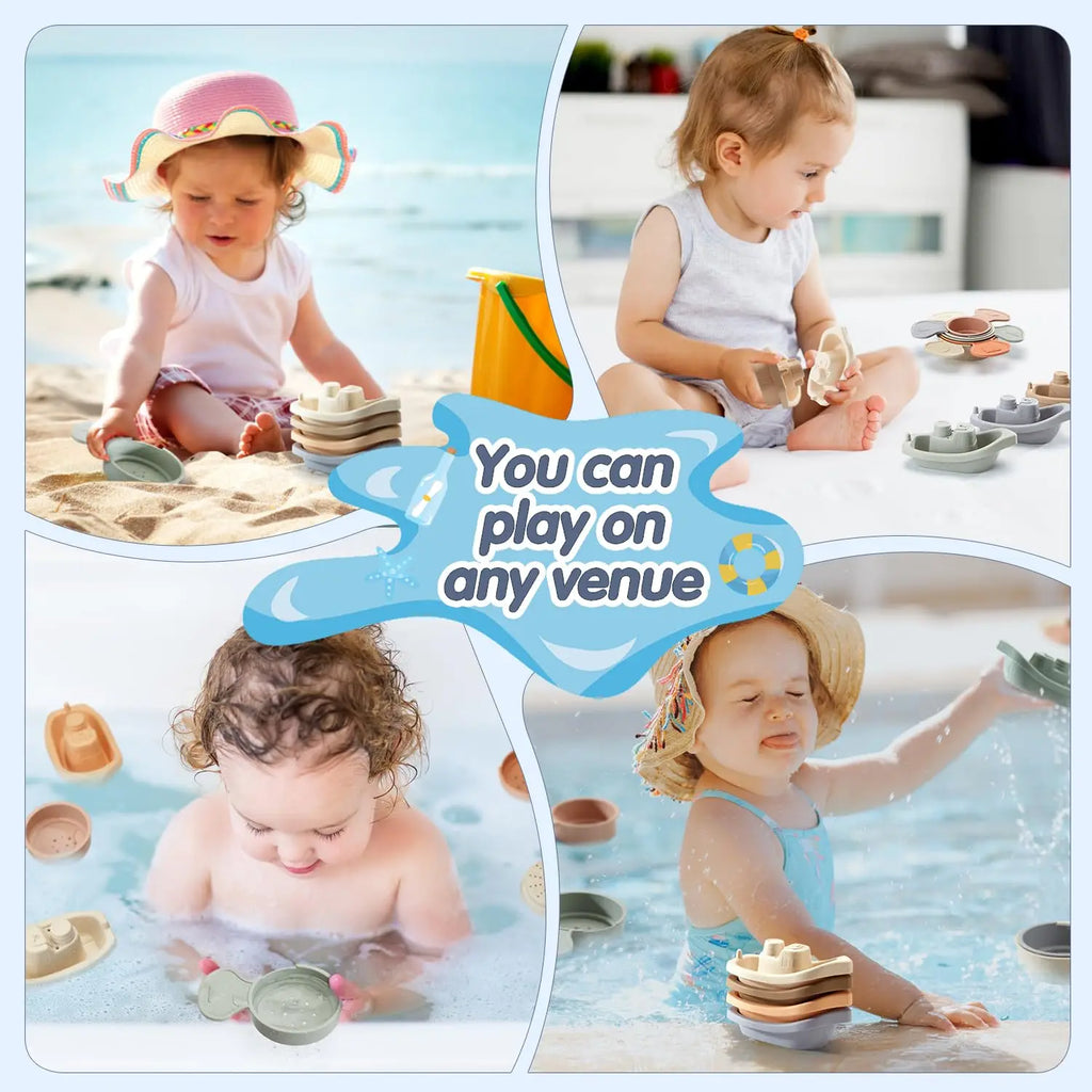 Bath Toys Floating Boats with Bathing Spoon Durable Educational Plastic Stacking Boat for Baby Water Table Toys Birthday Gift