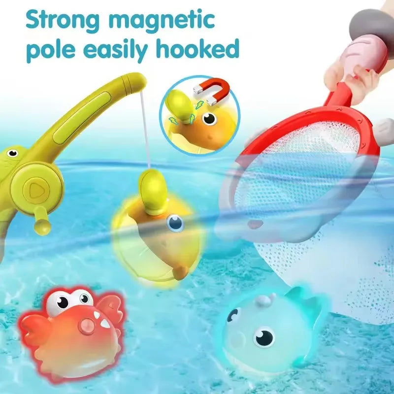Children Taking a Shower Playing in the Water Bathroom Toys Glowing Animals Fishing Rods Magnetic Suction Catching Toys