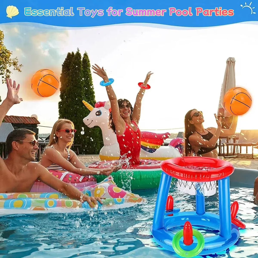 Pool Toys Games Set, Inflatable Basketball Hoop Ring Toss Pool Game, Game Toys for Kids Adults Swimming Pool Water Game, Summer Party Interactive Water Games